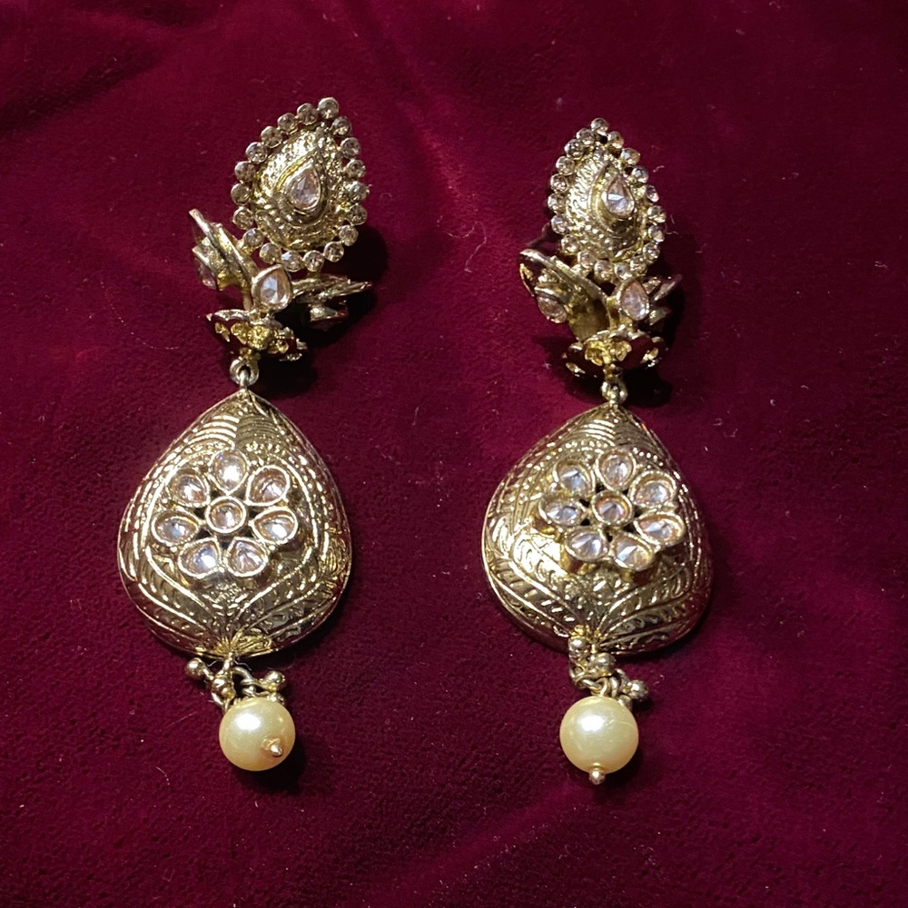 Gold-Tone Floral Teardrop Dangle Earrings with Pearled Drop